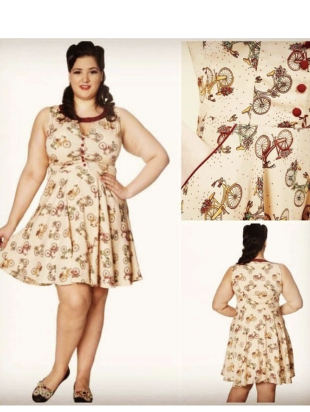 Bsnned RETRO Swing MIDI DRESS Sleeveless Cream with Bicycle Print, Burgundy Trim